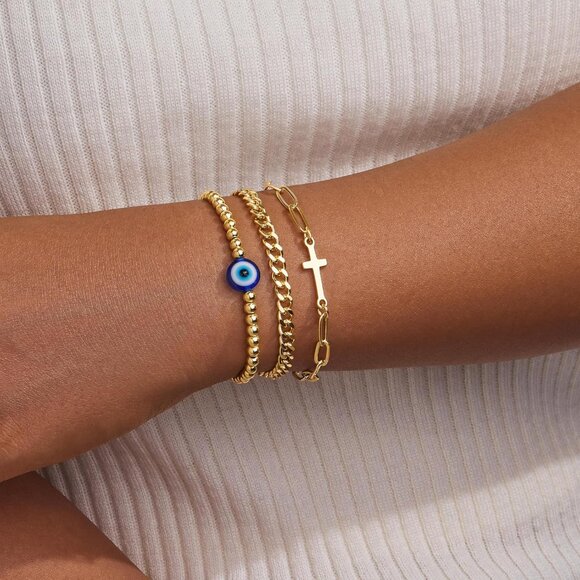 Gold-Style 15 Dainty Stack Cuban Cross, Rope Bracelets Jewelry Gifts for Women - Picture 2 of 7